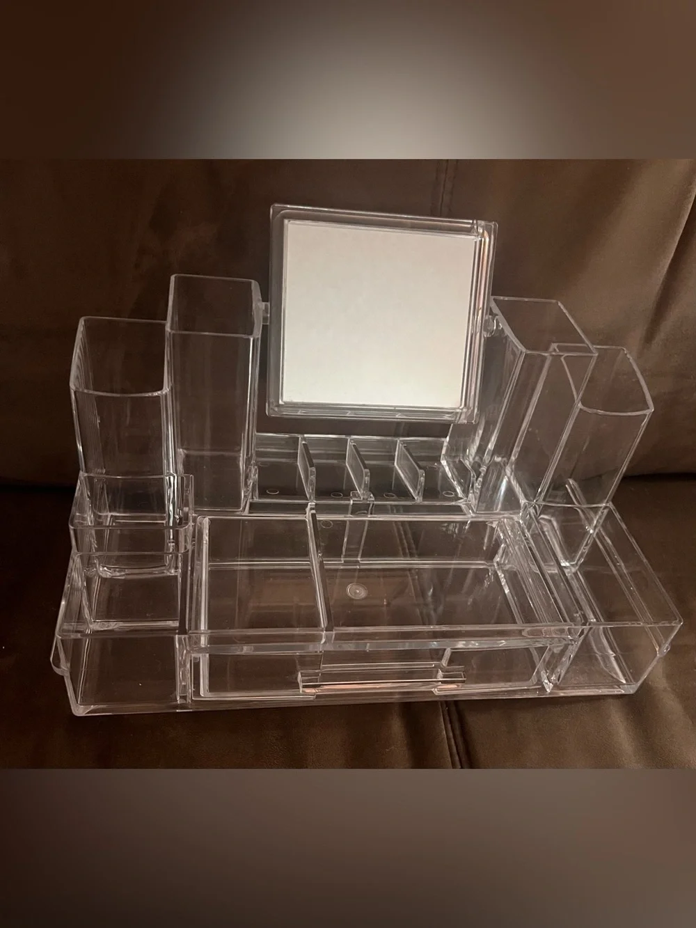 Clear Acrylic Makeup Organizer Set with Mirror+3 pieces Transparent Storage
